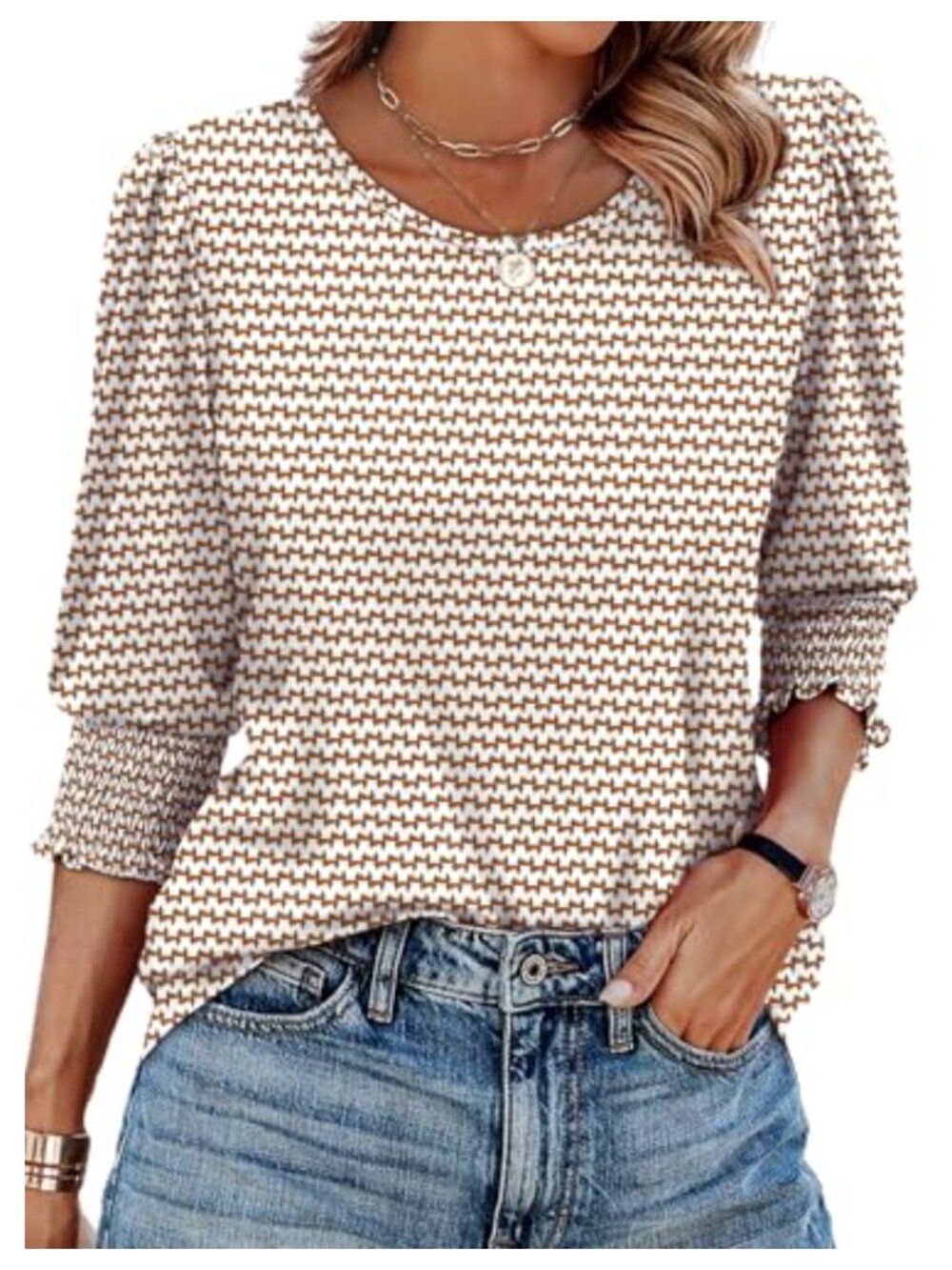 Womens Dressy Casual Blouse 3/4 Sleeve Smocked Cuffs Tops
